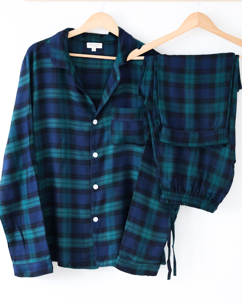 Herren Pyjama blau kariert Flanell