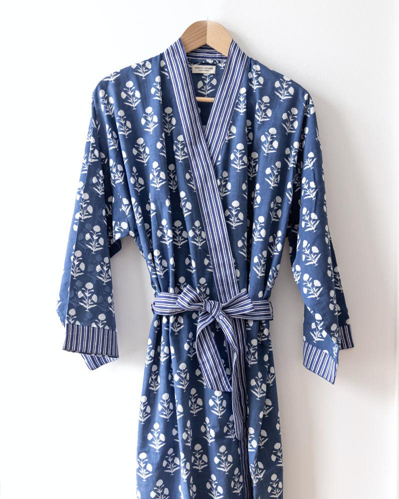 Damen Morgenmantel Kimono blau Blumenmuster