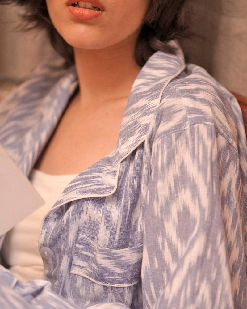 Damen Pyjama Ikat blau