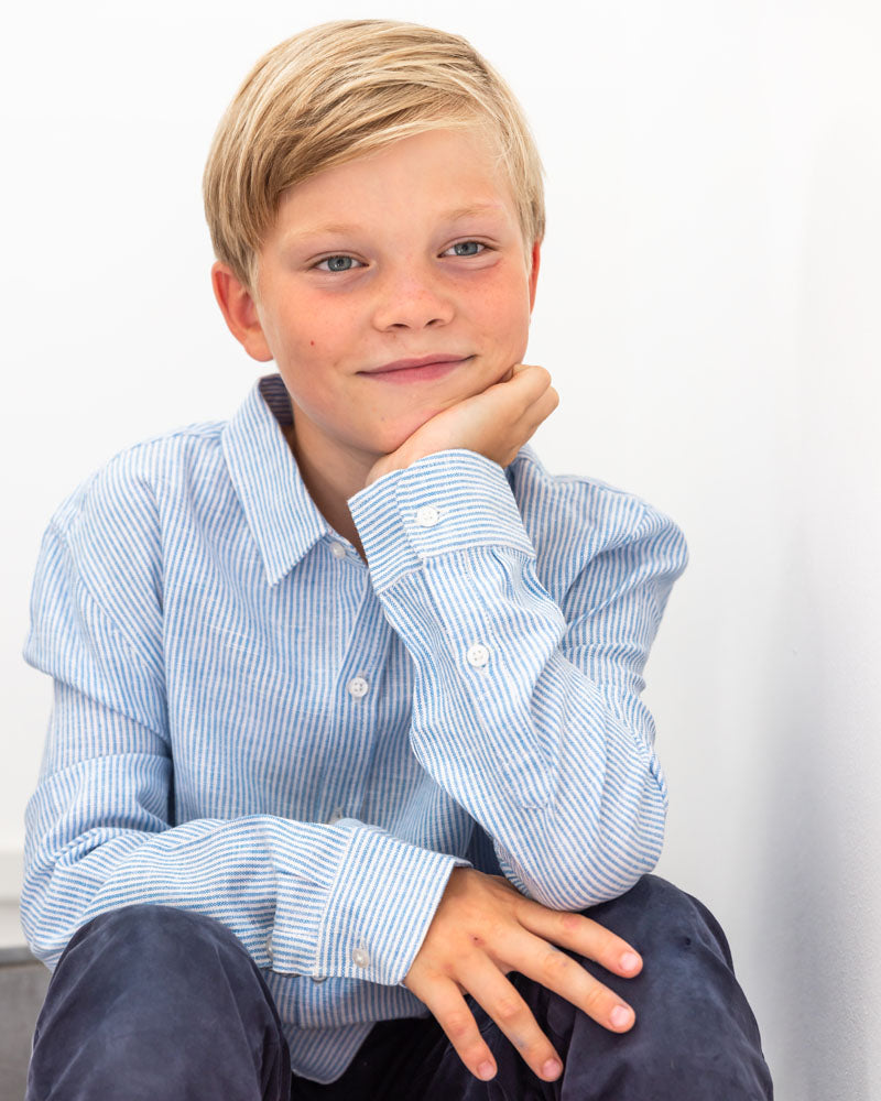 Jungen-Hemd Leinen blau gestreift