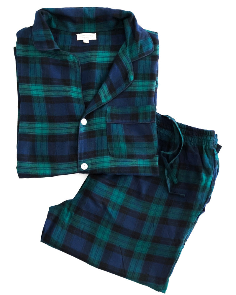 Herren Pyjama blau kariert Flanell