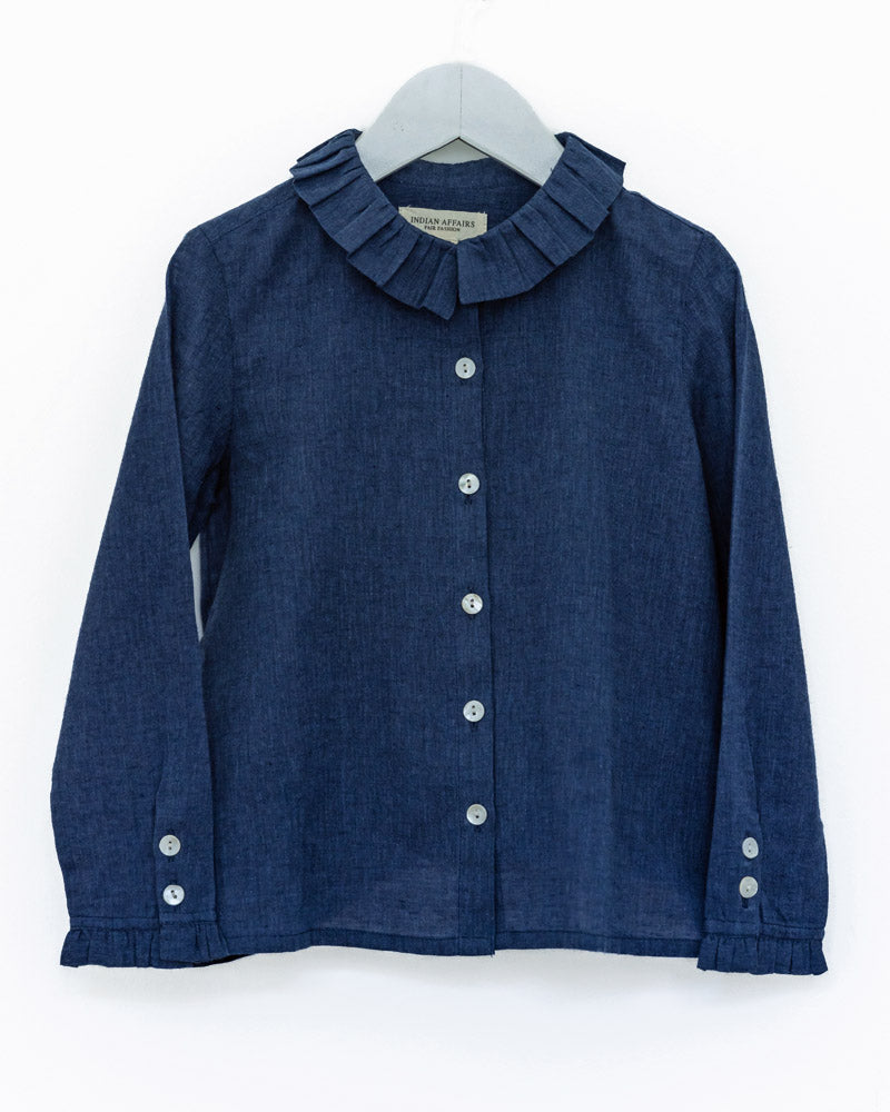 Mädchenbluse Volantkragen blau Denim