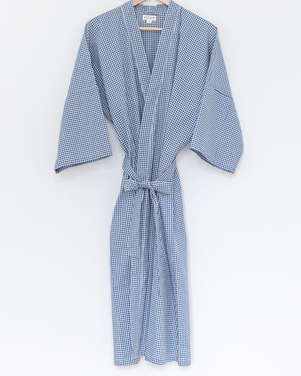 Herren Morgenmantel Kimono blau kariert