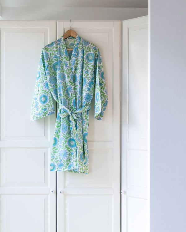 Damen Morgenmantel Kimono grün blau