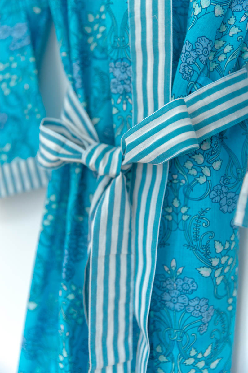 Damen Morgenmantel Kimono blau gemustert