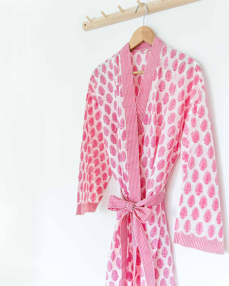 Damen Morgenmantel Kimono rosa leafs