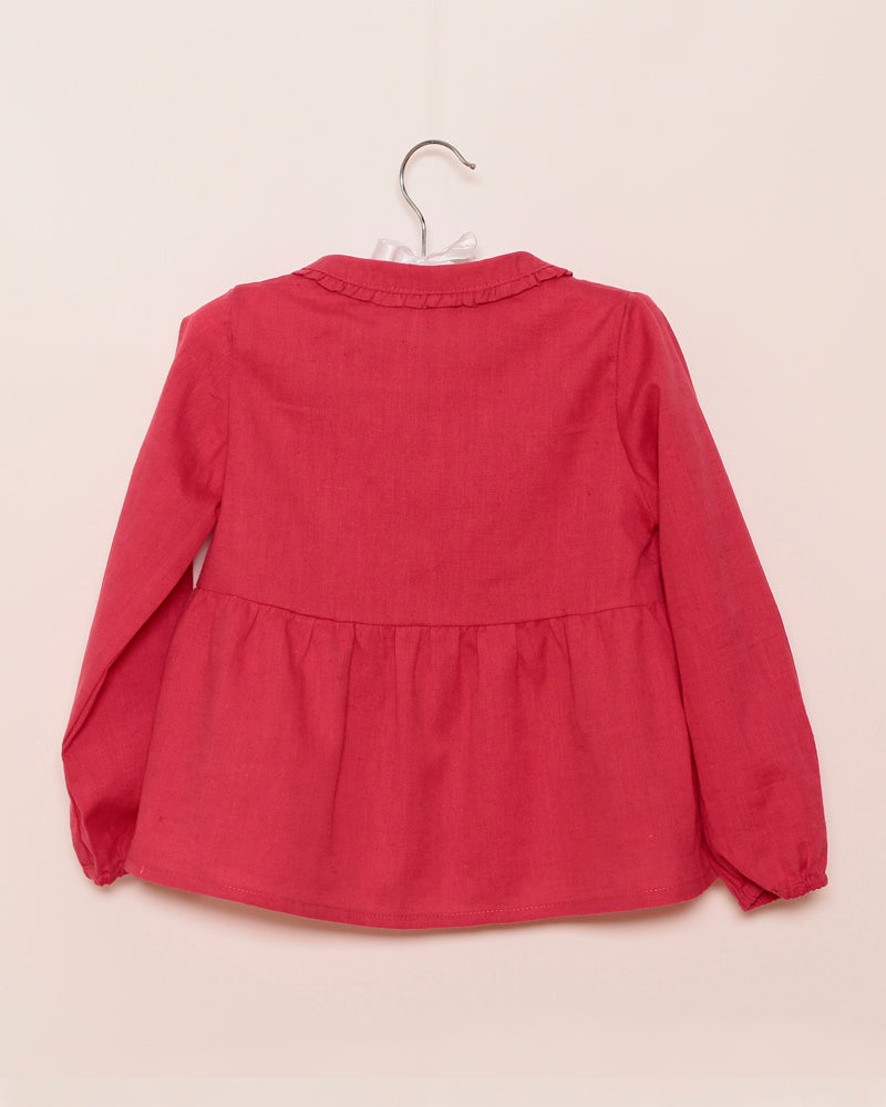 Mädchenbluse koralle  Rüschenkragen