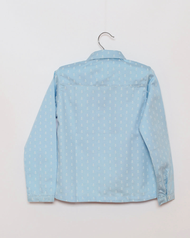Mädchenbluse blau bedruckt Rundkragen