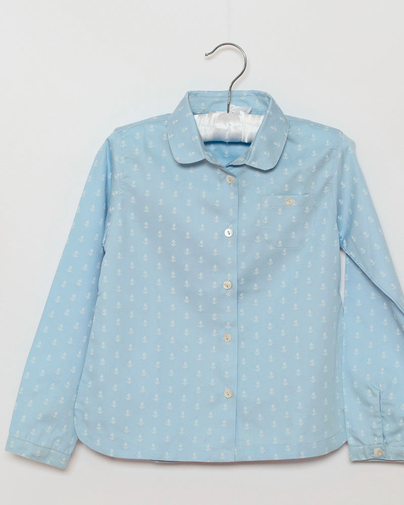 Mädchenbluse blau bedruckt Rundkragen