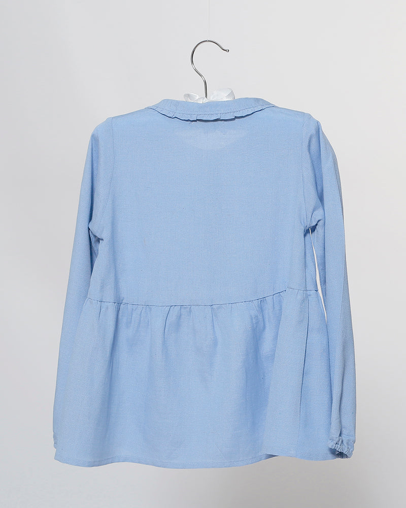 Mädchenbluse blau Rüschenkragen