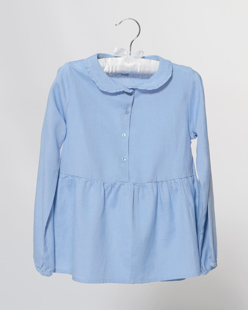 Mädchenbluse blau Rüschenkragen