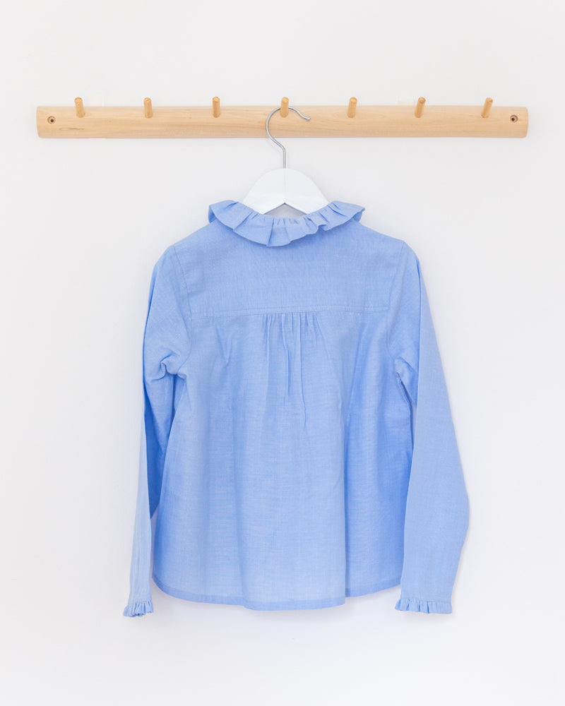 Mädchenbluse blau mit Volantkragen