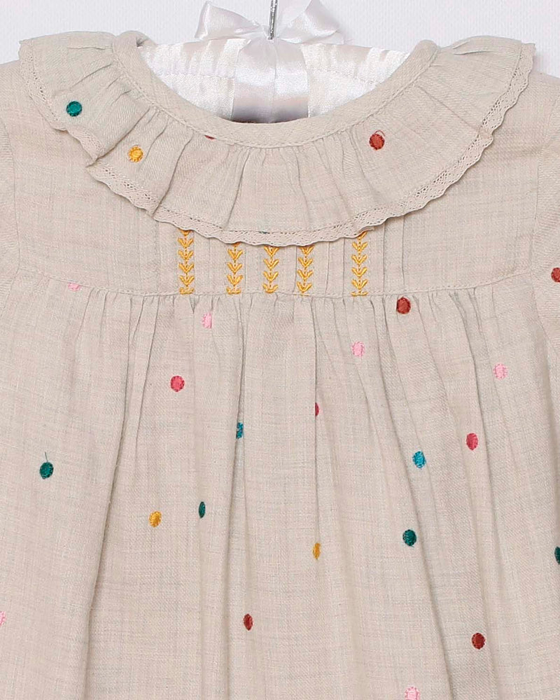 Mädchenkleid mit Pünktchenstickerei beige