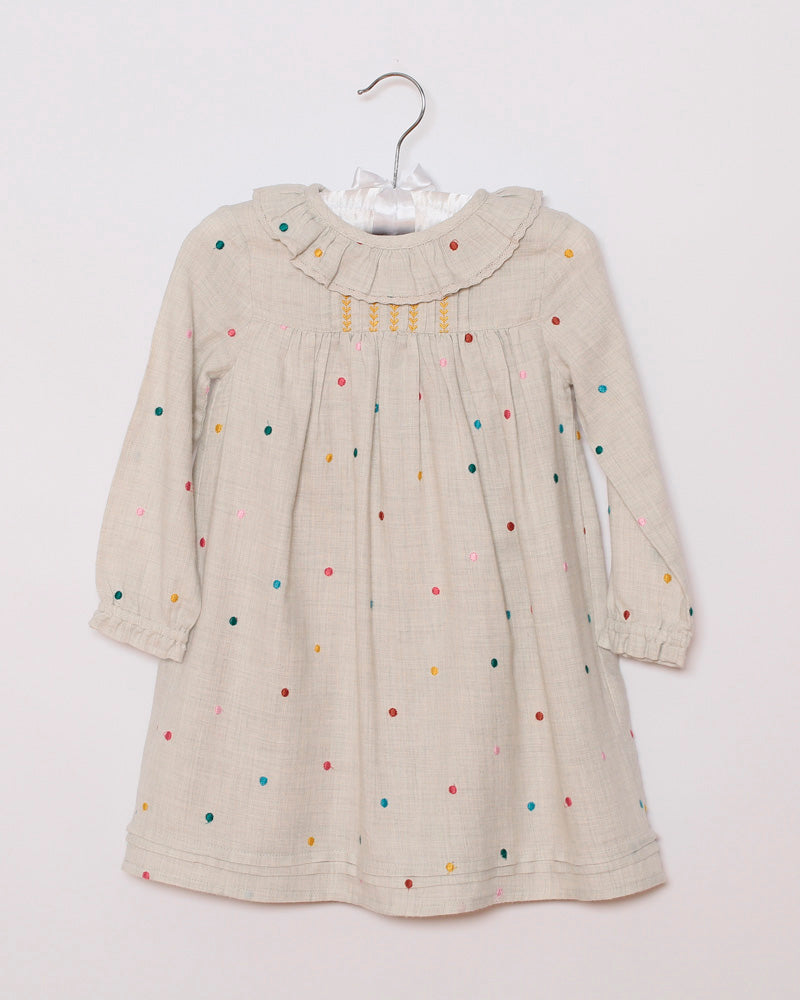 Mädchenkleid mit Pünktchenstickerei beige
